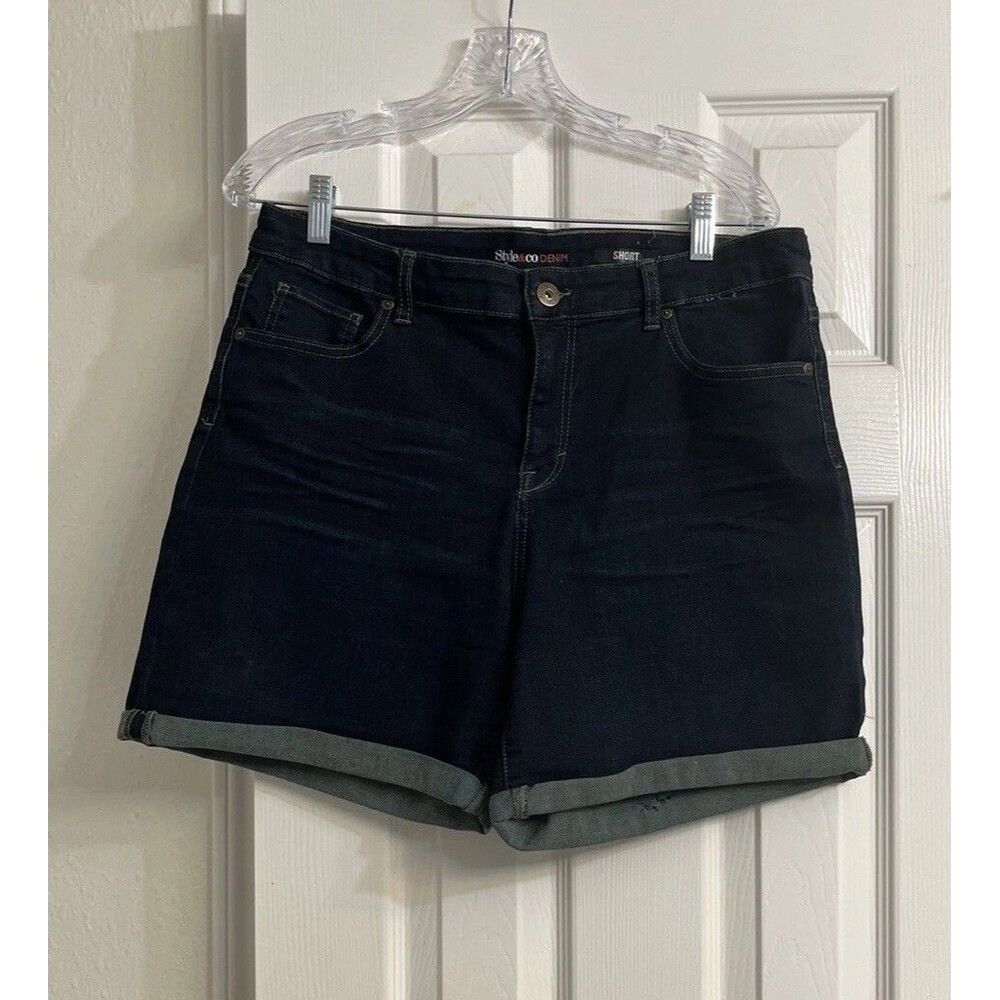 Style & Co Denim Shorts Women's Size 14 Dark Wash Rolled Cuff Stretch Casual
